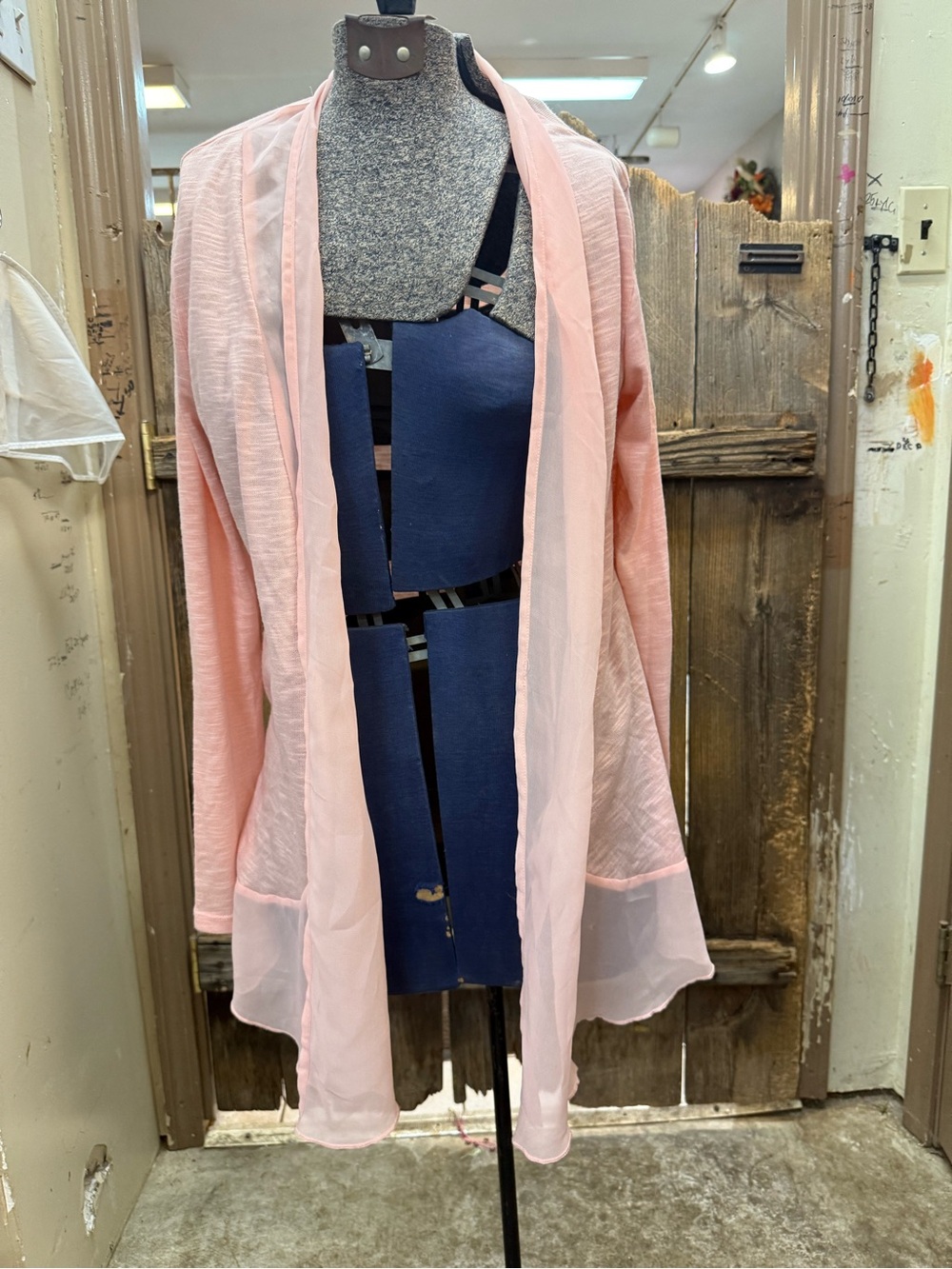Metaphor Pale Pink Sheer-Trim Open Cardigan